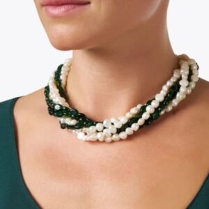 LIKE NEW (Retail $250) Elegant Green Stone and Pearl Multi Strand Necklace